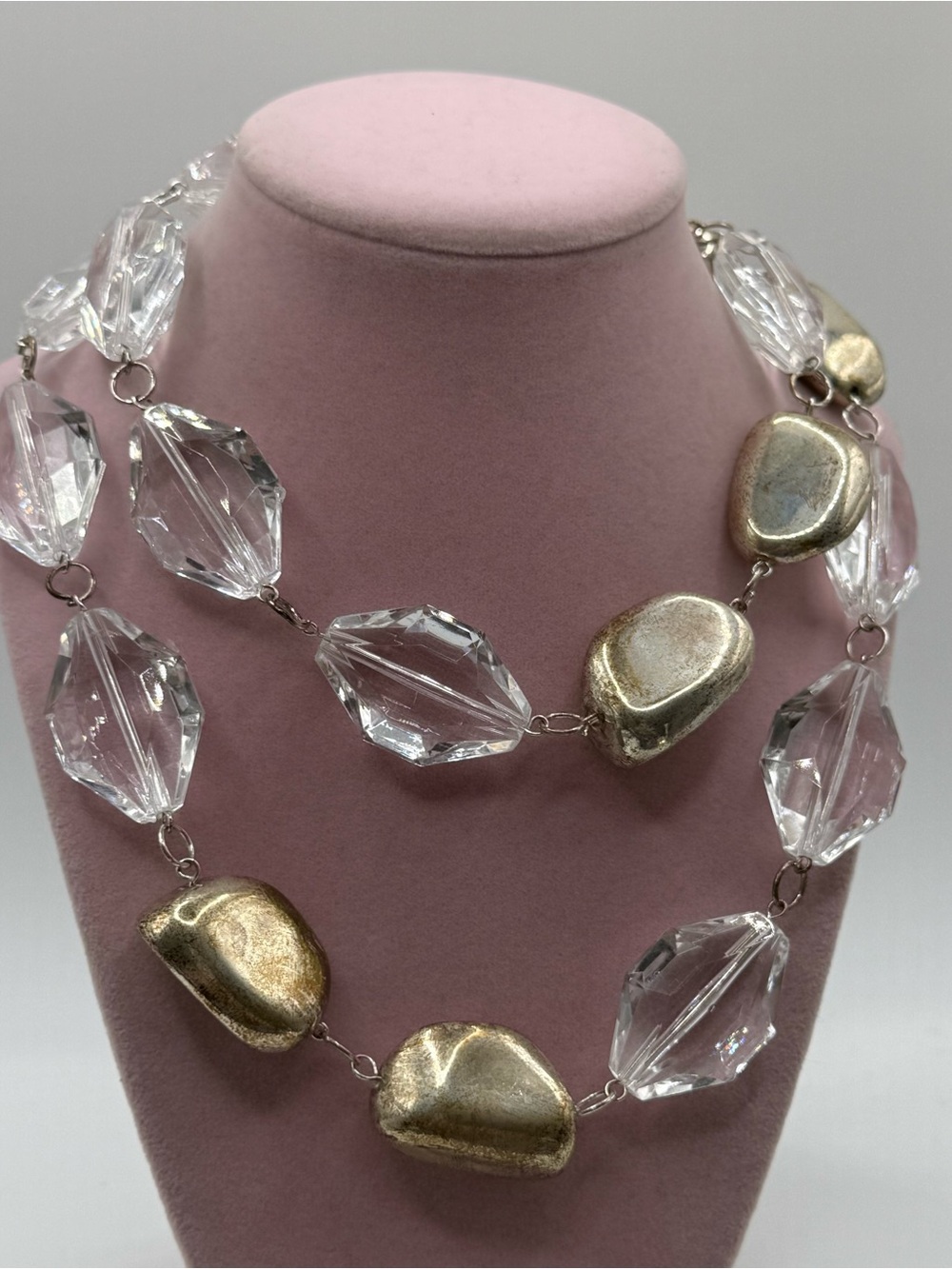 Long Elegant Clear plastic and Gold Bead Statement Necklace